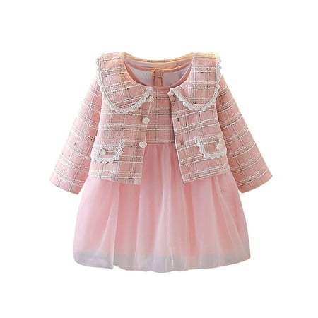 

FRSASU Clearance Toddler Kids Plaid Skirt Set Long Sleeve Jacket Coat Top Party Dress Pink 9-12 Months