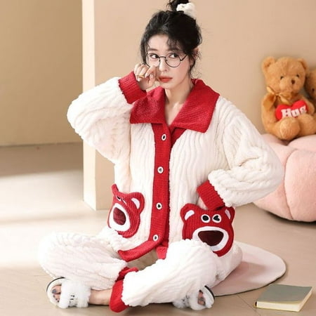

CoCopeaunt Autumn and winter new coral velvet thickened pajamas female suit cute sweet facecloth can be worn outside the home clothes