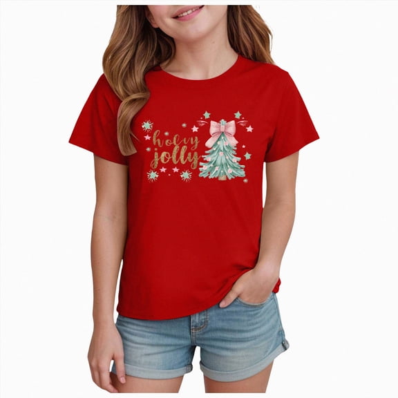 sdbrld Girls Christmas Shirts Short Sleeve Crew Neck Graphic Tees Holiday Tops Toddler to Big Kid Red Sizes 5-6 Years