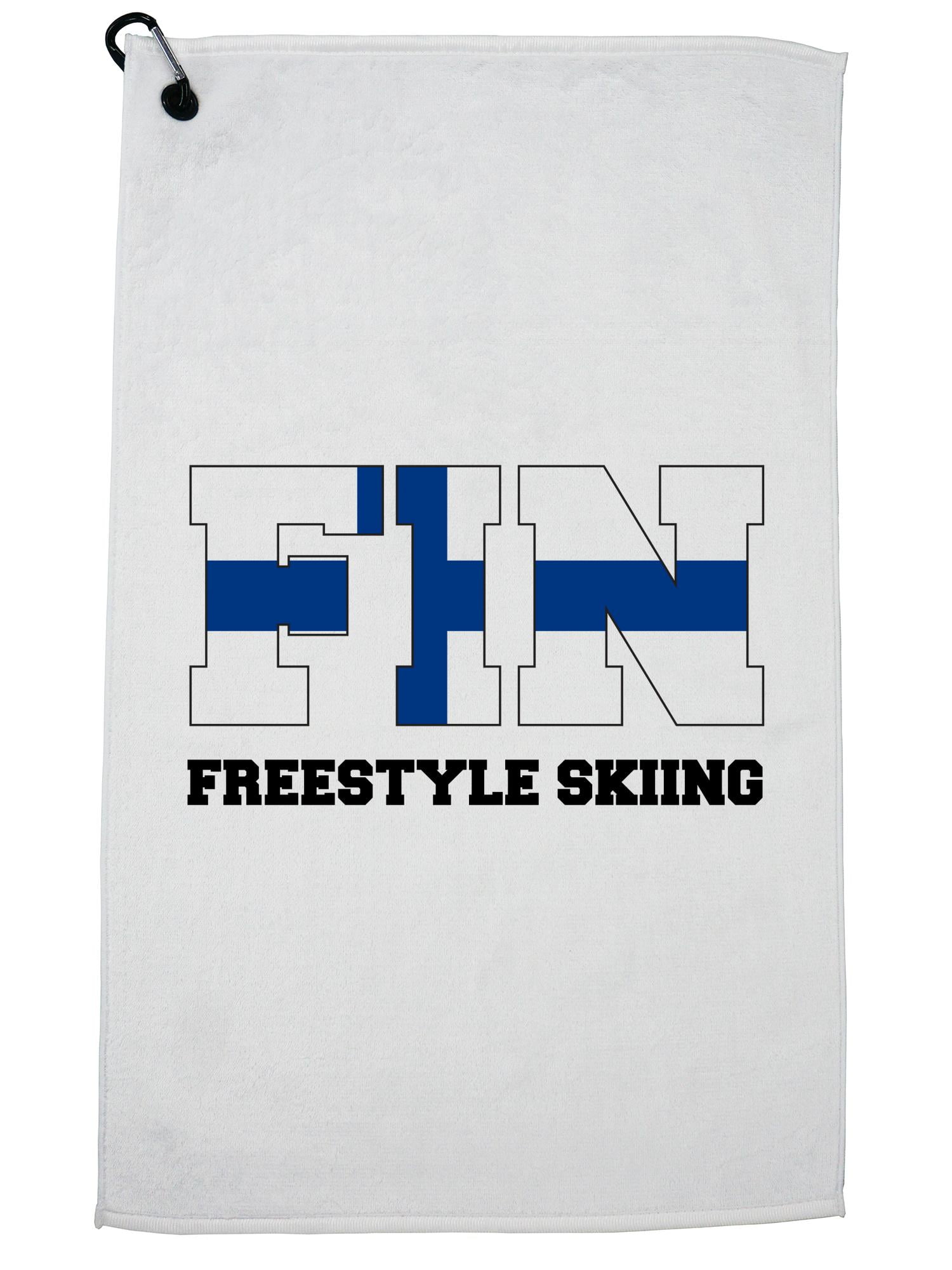 Finland Olympic Freestyle Skiing Flag Silhouette Golf Towel with Carabiner Clip by Hollywood Thread