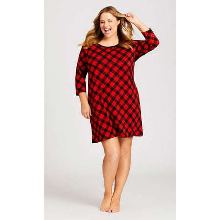 

Avenue Women s Plus Size Check Sleep Shirt Round Neck 3/4 Length Sleeves