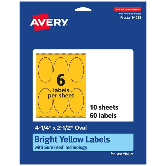 Avery Printable Oval Labels, Bright Yellow, 4.25" x 2.5", 60ct