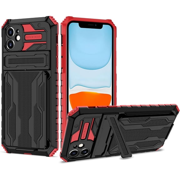 Case for iPhone 11,Military Grade [Built-in Kickstand] with Card Holder Dual-Layer Design Heavy Duty TPU PC Shockproof Protection Phone Case foriPhone 11,6.1 inch (Red)