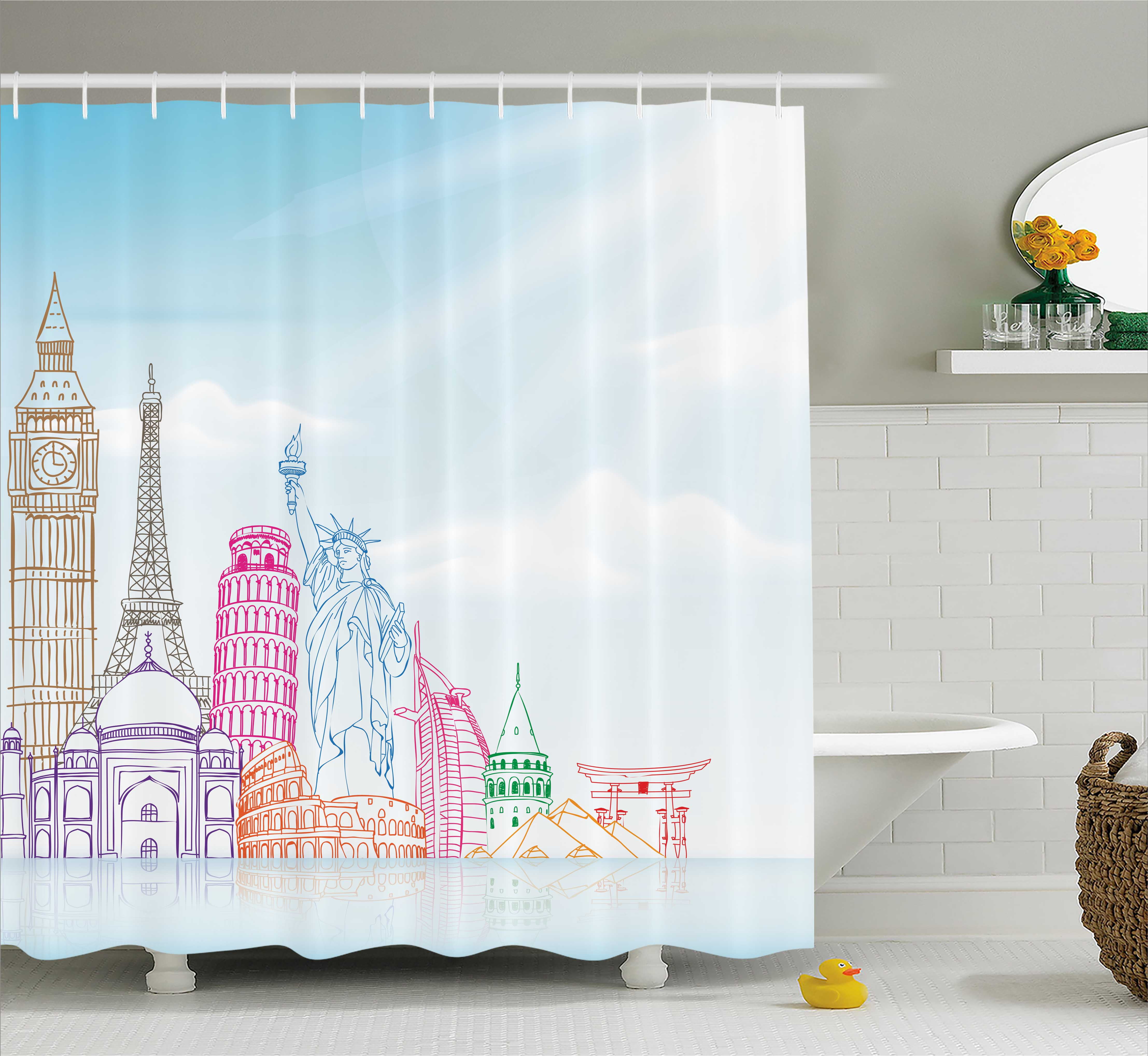 Travel Shower Curtain, Sky Blue Backgrounded Image of European Cities