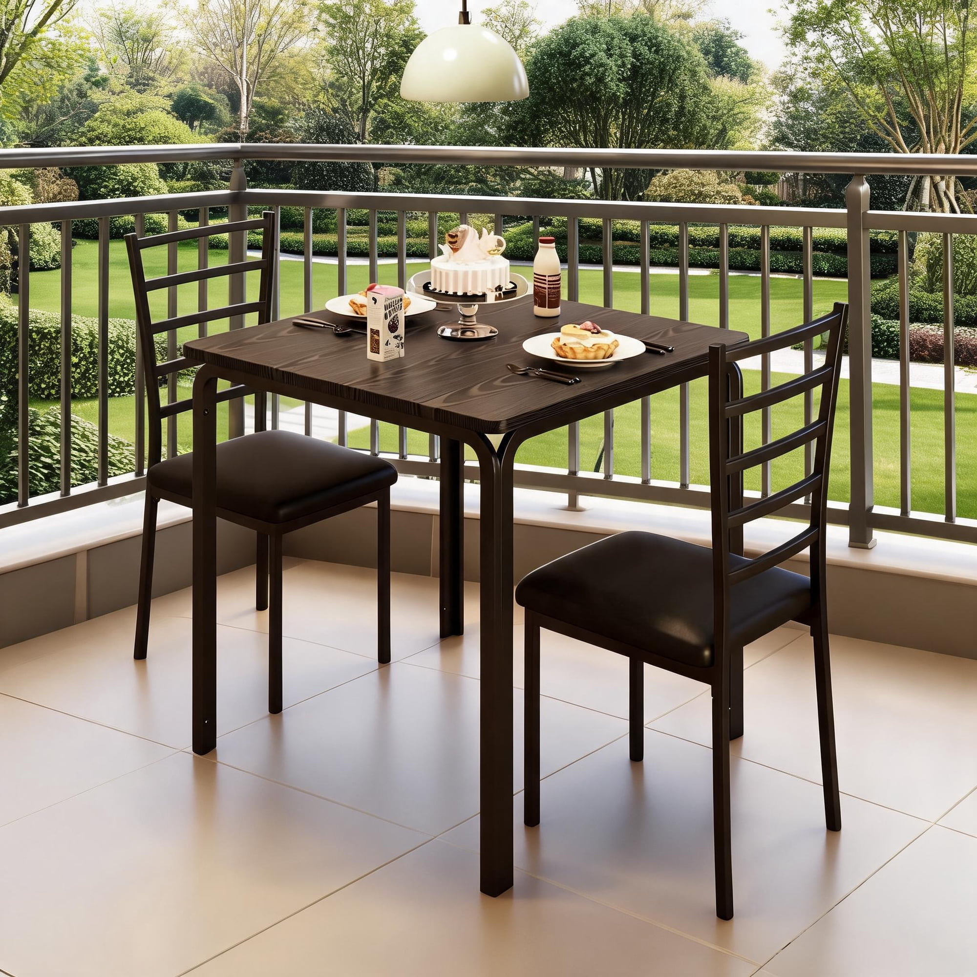 Square Dining Table Set with 2 PU Upholstered Chairs Rustic Wood Grain Tabletop & Black Metal Frame Dining Set Indoor Outdoor Kitchen Balcony Patio Furniture