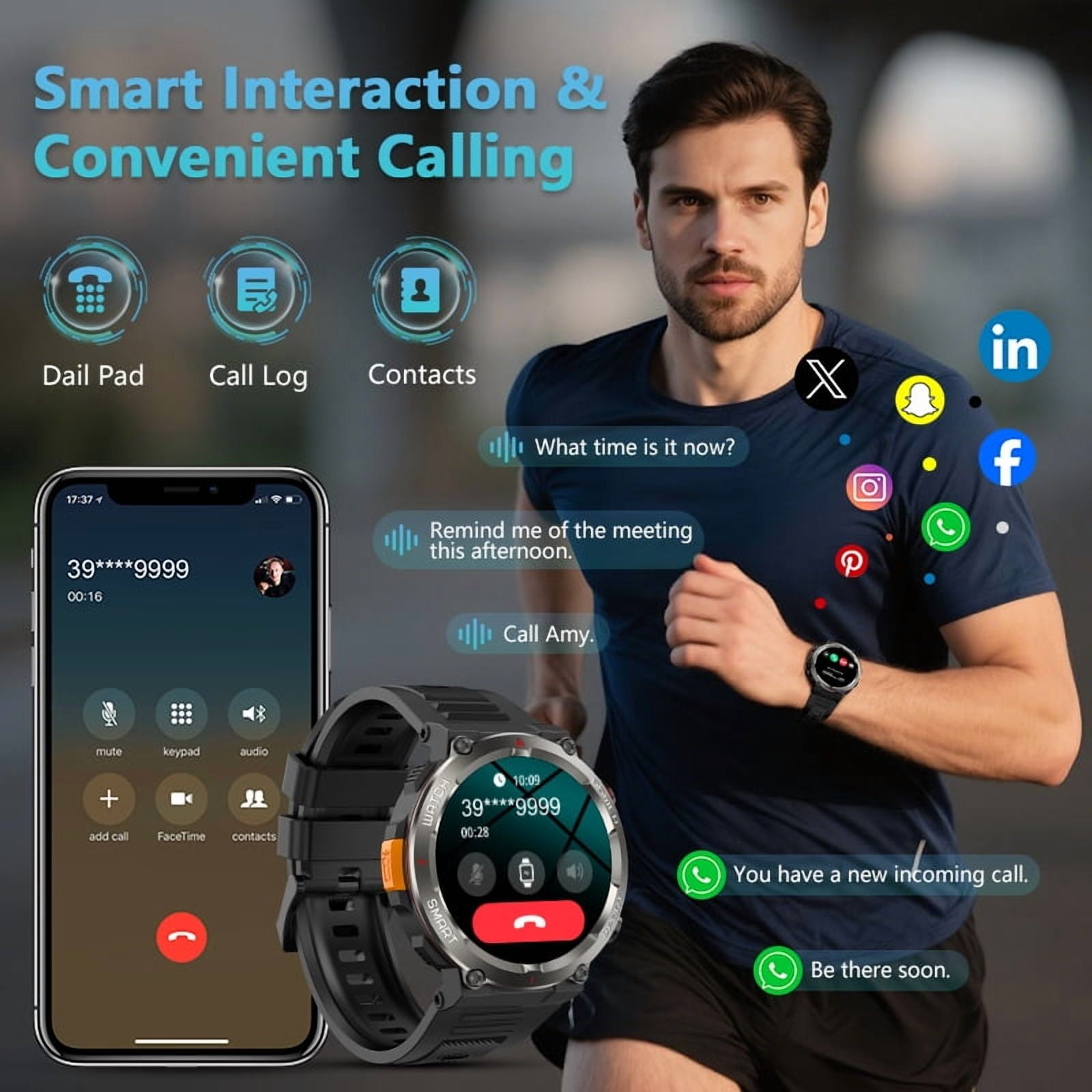 Blackview Military Smart Watch for Men, 1.45" HD Rugged Smartwatch with Calls, LED Flashlight, Compass, 100+ Sports Modes, 960mAh Battery, Waterproof, Compatible with iPhone Android, Khaki,Black