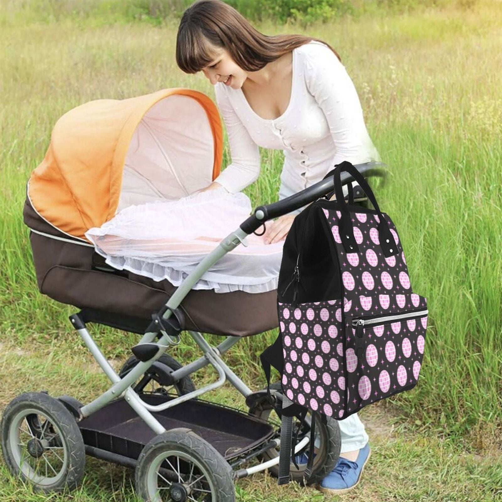 Ratiio Pink Groovy Disco Ball Mummy Backpack - Waterproof Twill Canvas, Large Capacity Diaper Bag with Multiple Pockets and Adjustable Straps
