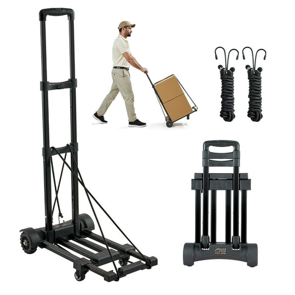 VEVOR Folding Hand Truck, 290 lbs Load Capacity, Collapsible Luggage Cart with 4 Wheels,2 Elastic Ropes & Expandable Base,Utility Dolly Platform Cart for Airport Travel Luggage Office Moving,Black