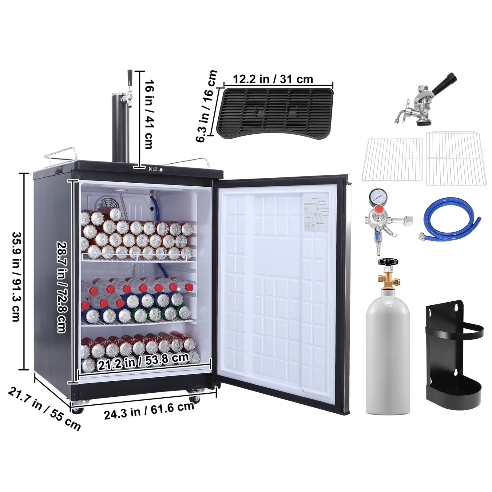 KFFKFF Single Tap Draft Beer Dispenser with Adjustable Temperature, Full-Size Keg Refrigerator Featuring Shelves, CO2 Cylinder, Drip Tray, and Rail, Compatible with 1/6, 1/4, and 1/2 Barrels