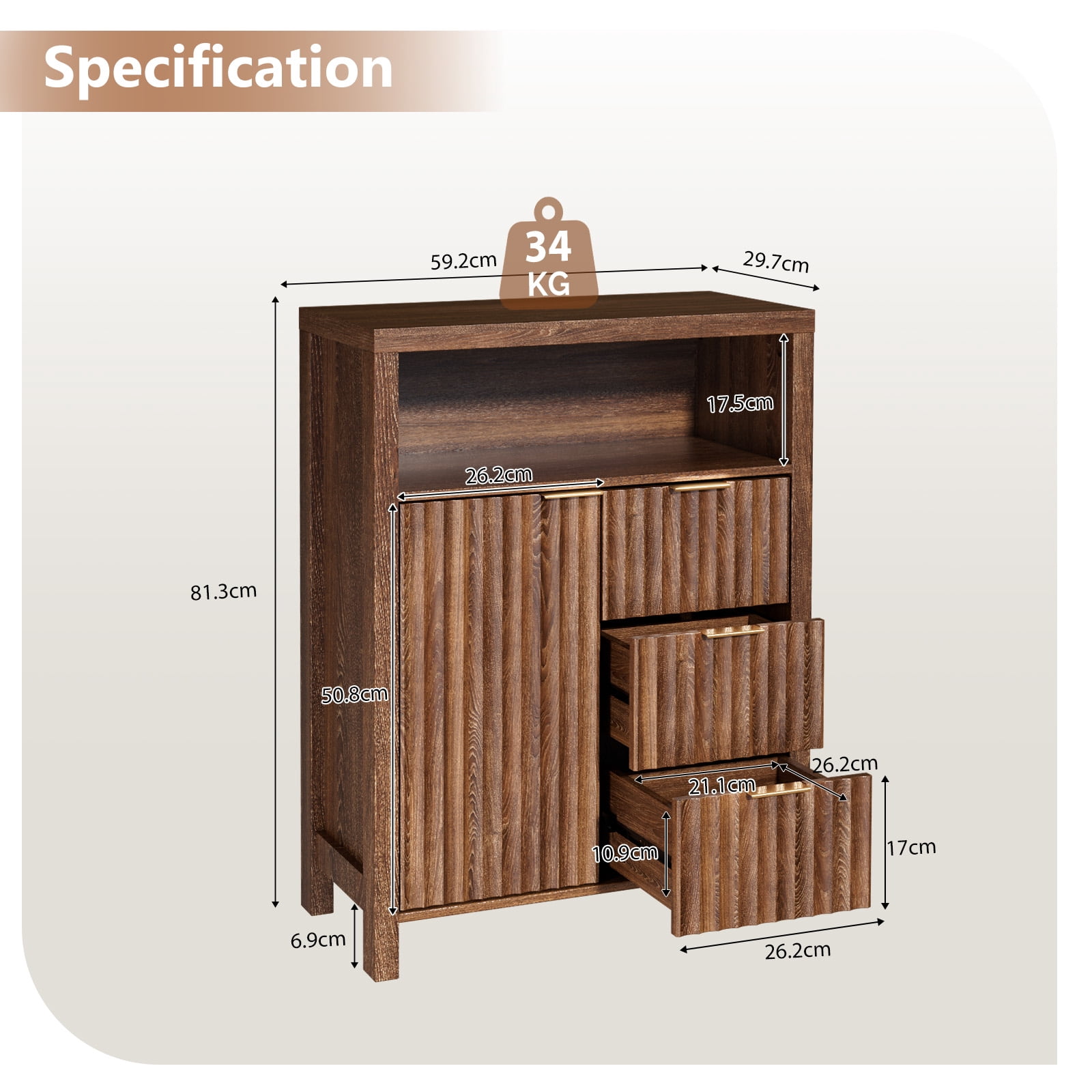 Ktaxon Fluted MDF Bathroom Floor Cabinet with Grille Single Door and Three Drawers, Walnut