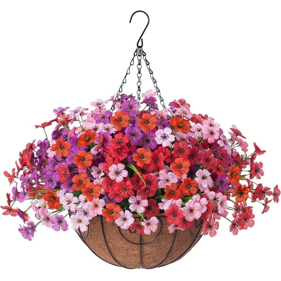 Artificial Faux Hanging Plants Flowers Basket for Spring Summer Outdoor Porch Decoration, Fake Silk Colorful Daisy Eucalyptus in Planter UV Resistant Look Real for Home Patio Balcony Yard