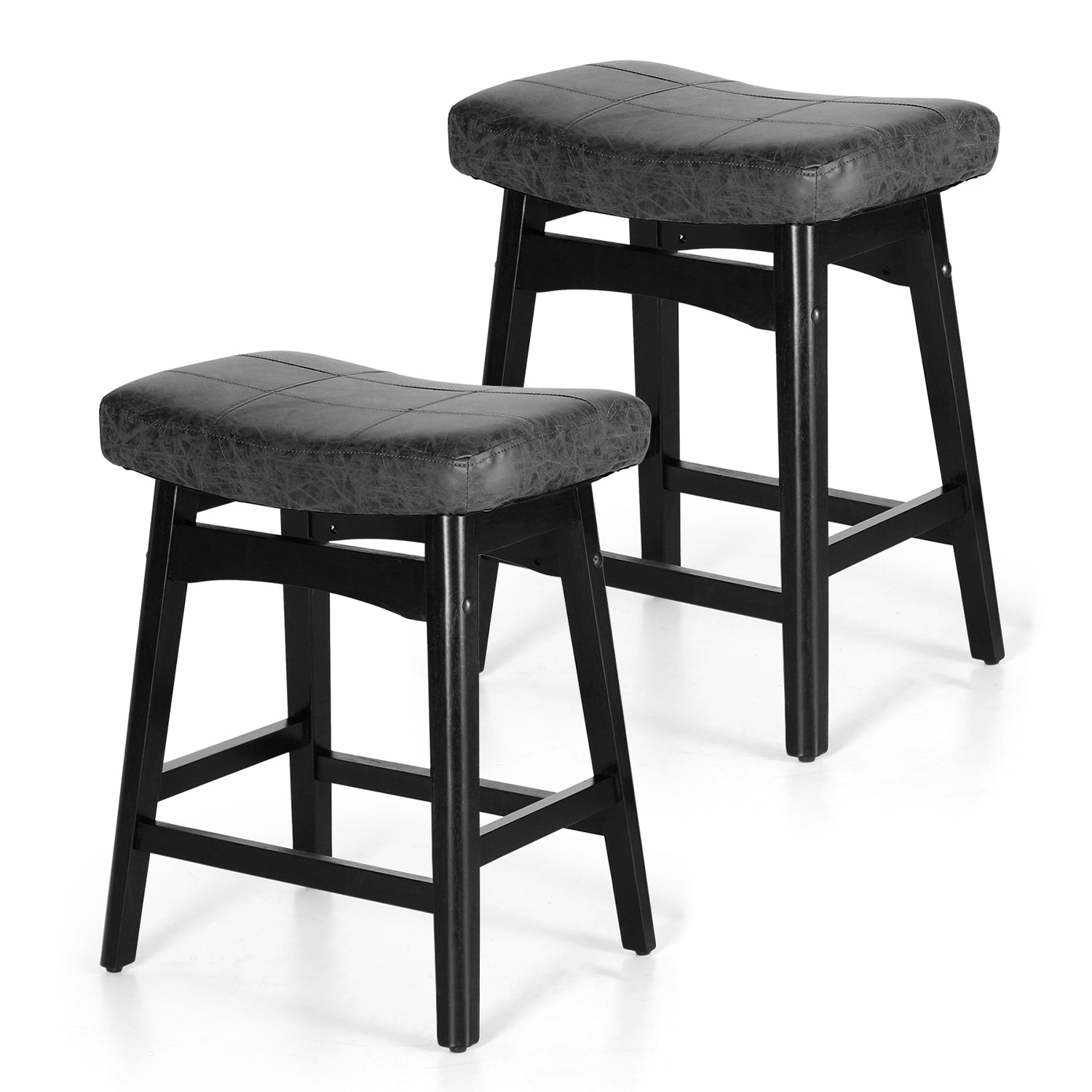 Summit Living 24 inch Wooden Saddle Counter Stool Set of 2 for Kitchen, Faux Leather Backless Bar Stool, Black