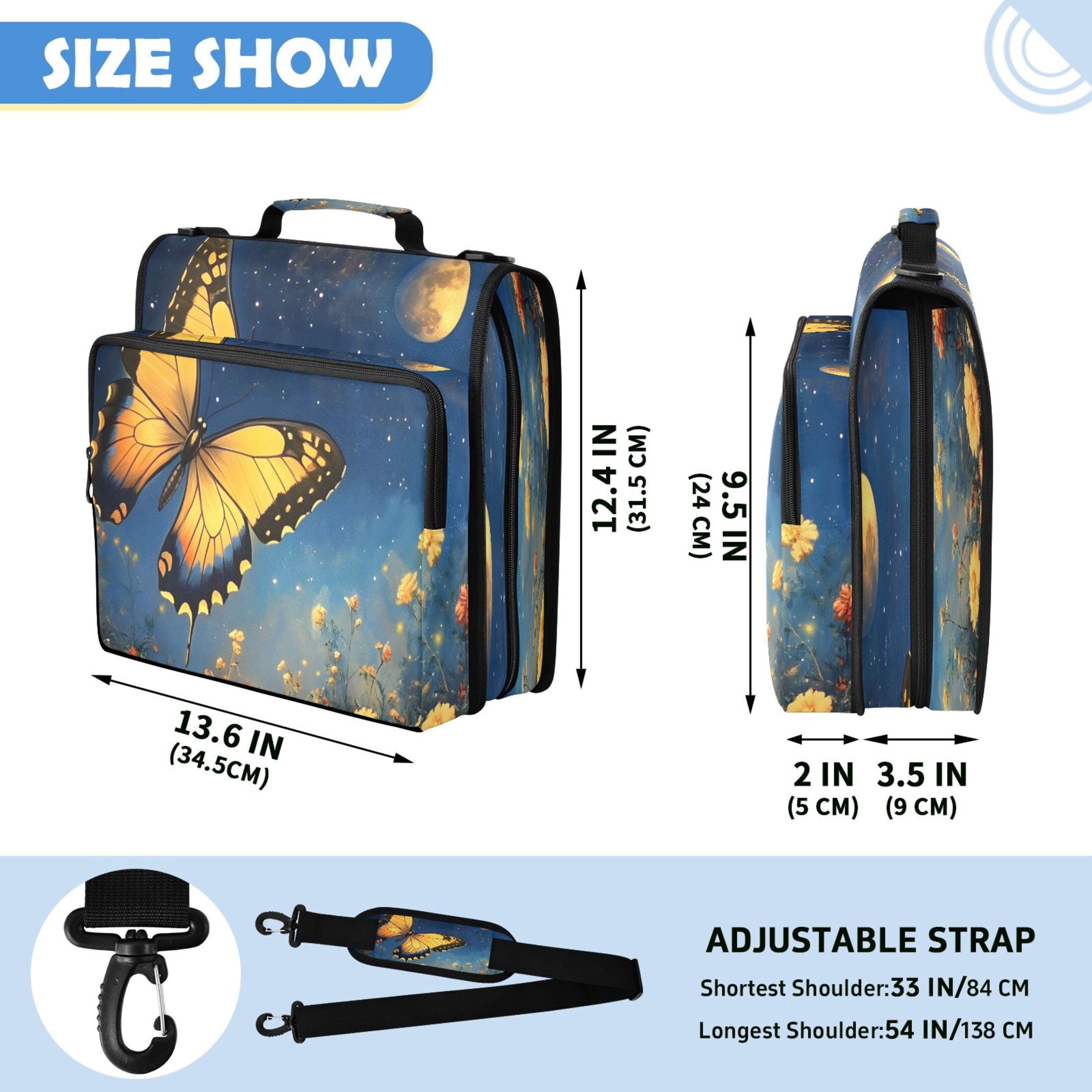 ALAZA Zipper Binder Butterfly at Night Pattern 2 inch 3 Ring 500 Sheet Capacity Trapper Keeper File Folder Organizer Bag