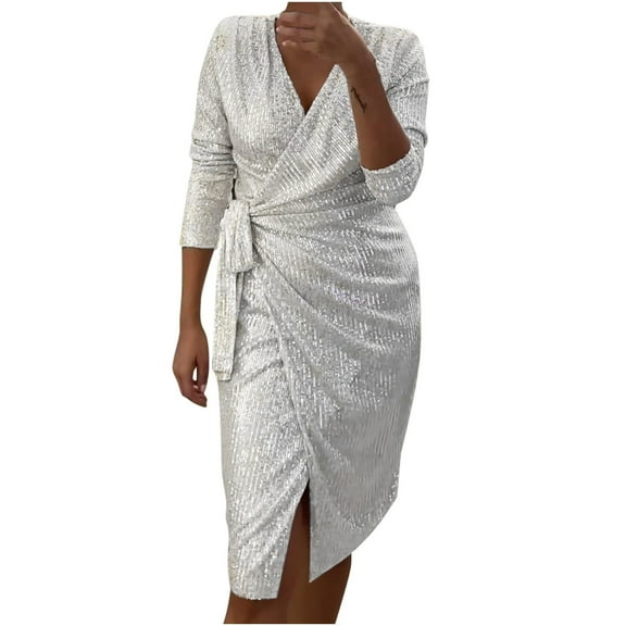 Lovskoo Women's 2024 Sequin Dress Long Sleeve Midi Dress Sexy V Neck Sparkly Glitter Wrap Dress with Belt White
