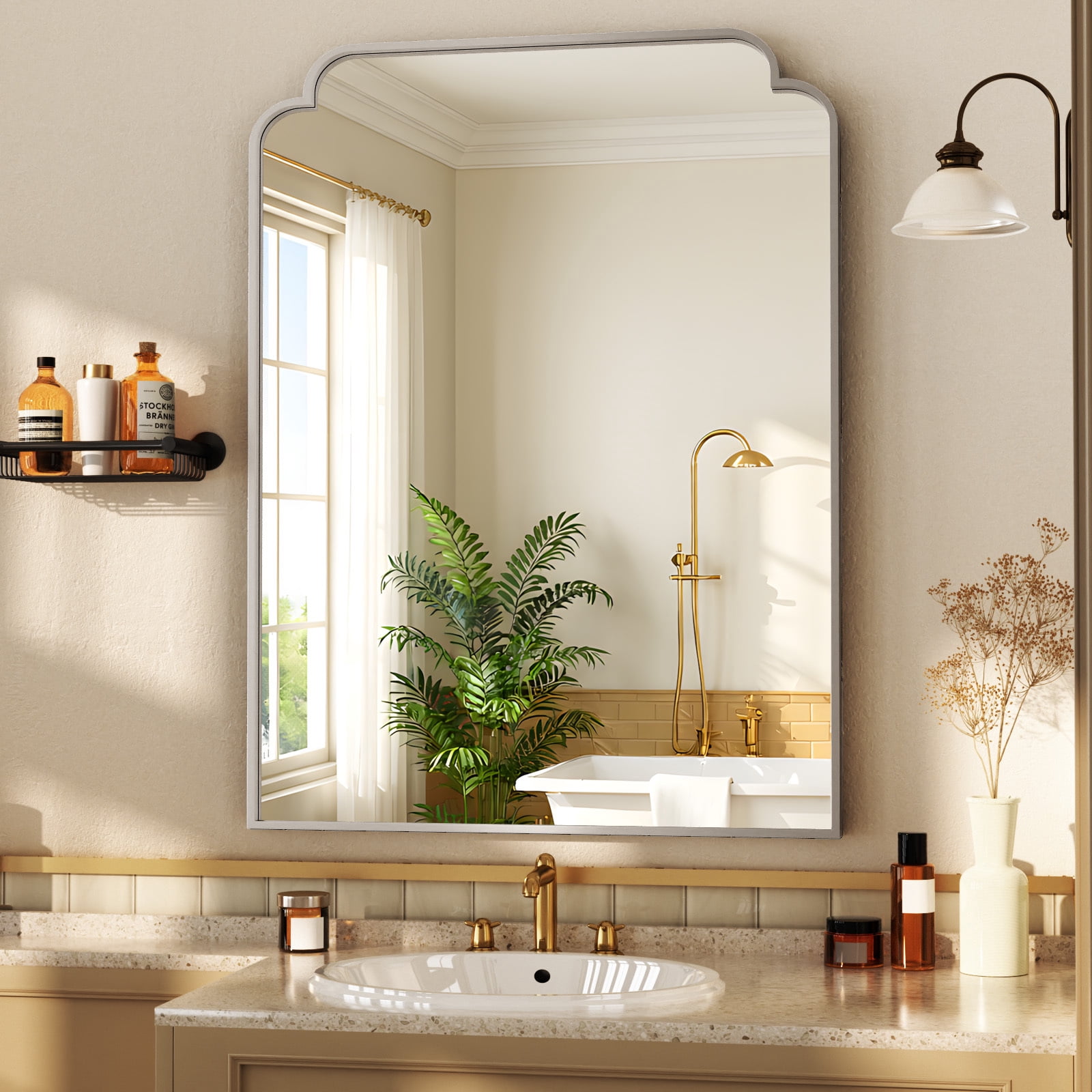 Easy4Home 40"x30" Arched Bathroom Mirror Decorative Wall Mounted Vanity Mirror, Silver
