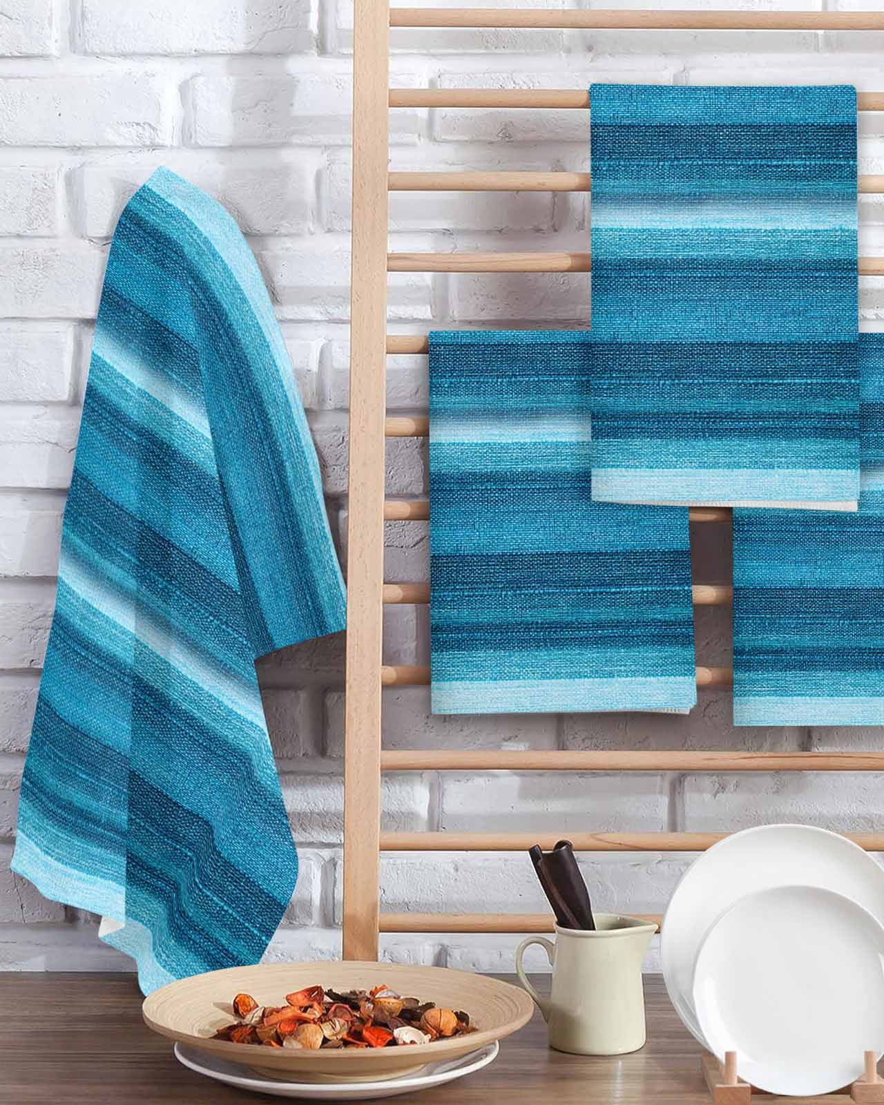 Turquoise Teal Ombre Kitchen Dish Towels for Drying Dishes Set of 3, Farmhouse Modern Abstract Striped Waffle Weave Microfiber Terry Hand Tea Bathroom Towels Quick Dry & Absorbent Towel 15.7x23.6