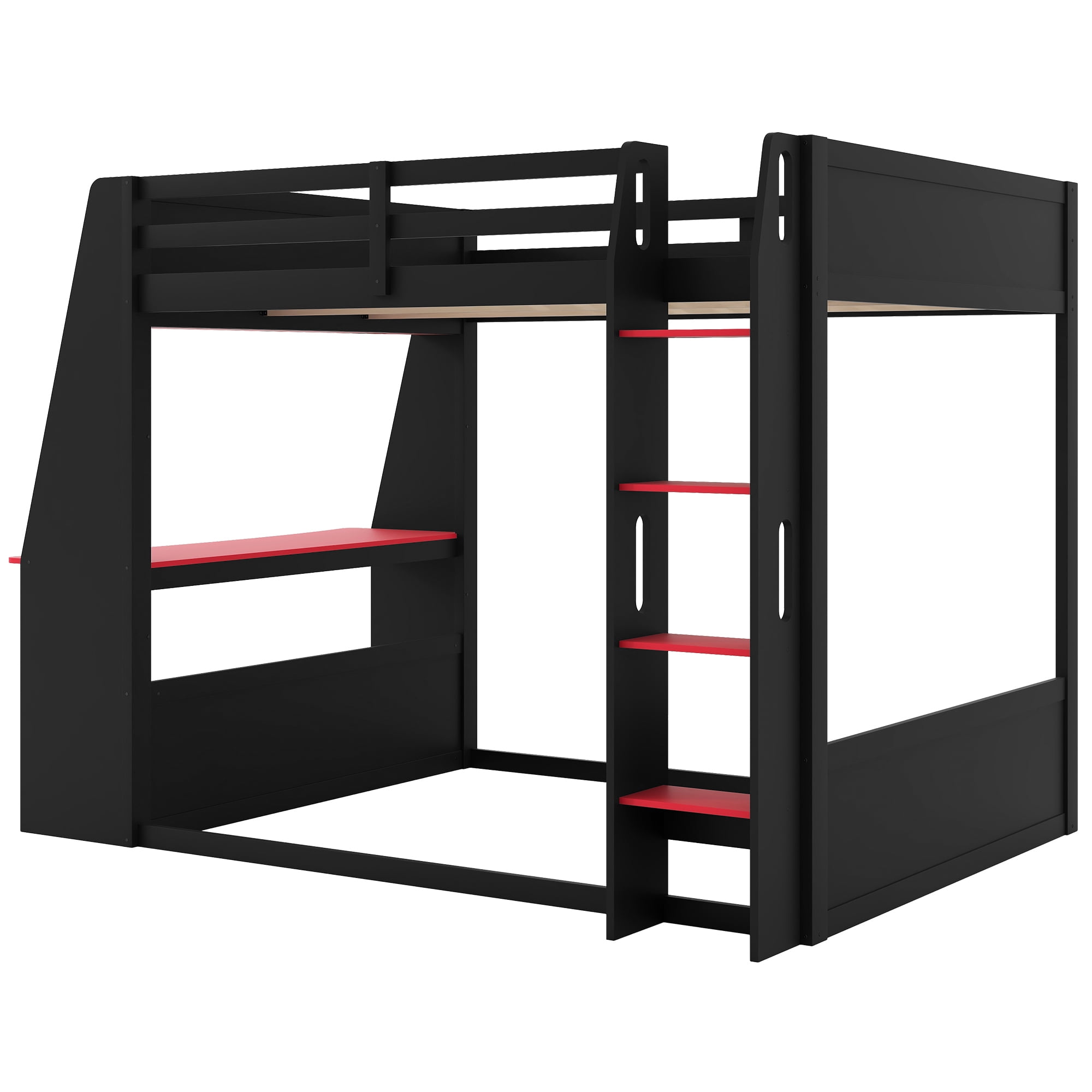 Euroco Wood Full Size Bunk Bed with Desk and Shelves, Gaming Bed with LED Light and USB Charging, Red