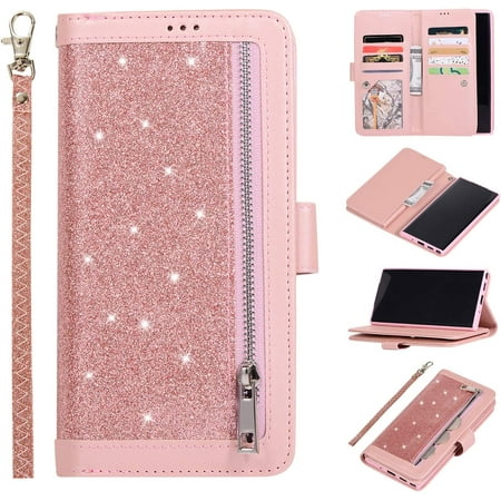Wallet Case for Samsung Galaxy Note 8,Magnetic Handbag Zipper Pocket PU Leather Flip with 9 Card Slots and Wrist Strap Folio TPU Inner Stand Case for Samsung Galaxy Note 8 - Rose Gold