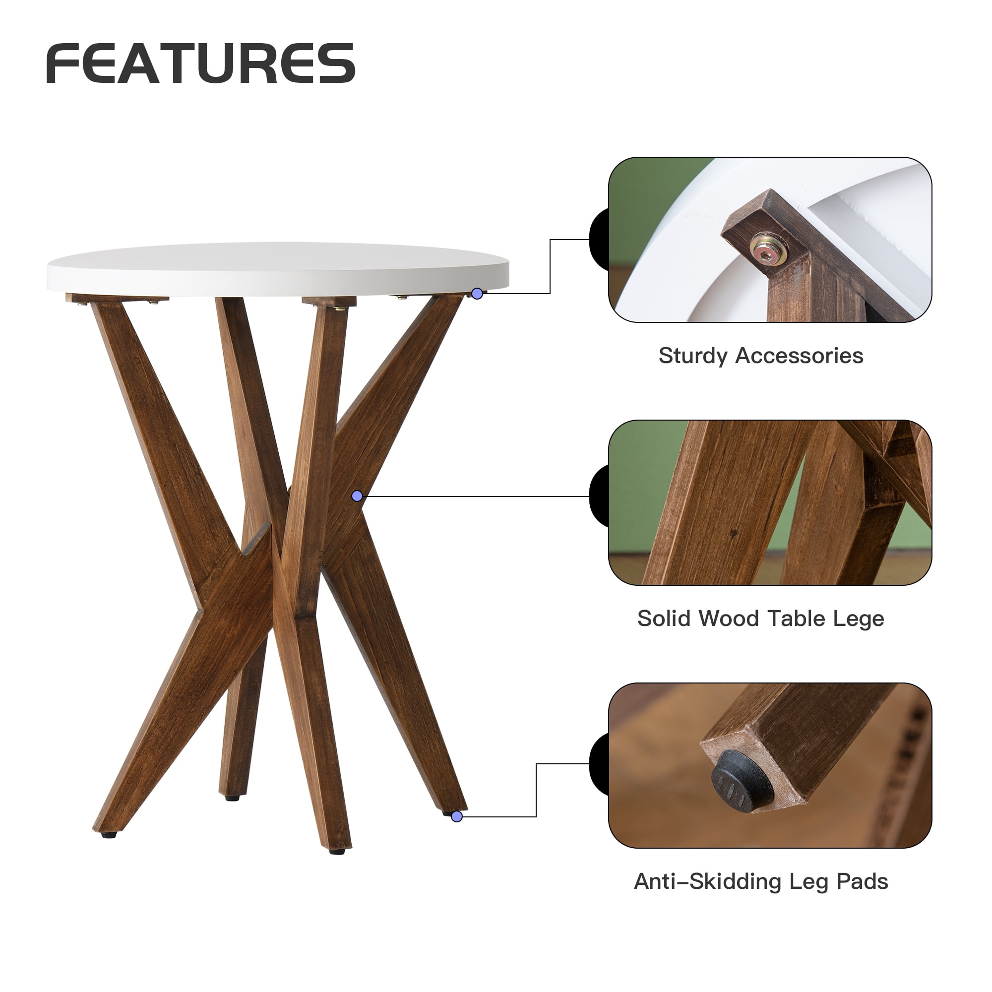 Round End Table 24'' High Side Table with White Top & Cross Legs, Mid Century Modern Accent Bedside Table for Living Room, Balcony, Bedroom or Small Spaces, White Walnut
