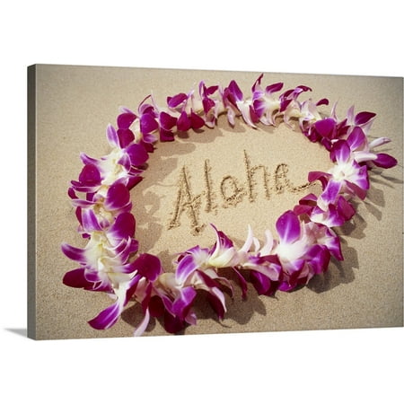 - Great BIG Canvas | Mary Van de Ven Premium Thick-Wrap Canvas entitled Hawaii, Purple Orchid Lei On Beach, Aloha Written In Sand