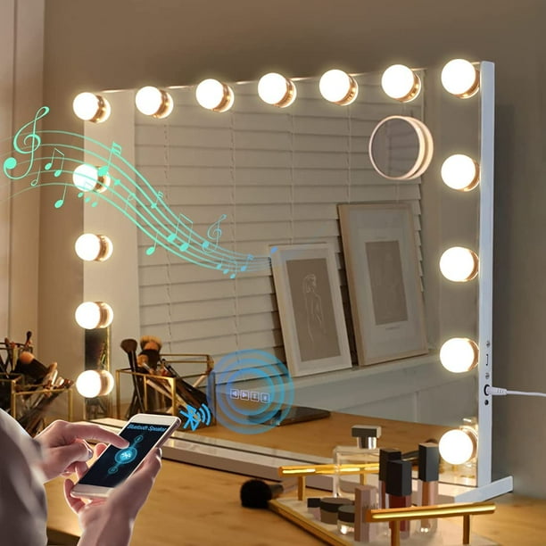 Fenair Bluetooth Hollywood Vanity Mirror With Lights 15 Bulbs Makeup Wall Mount Or Tabletop White Com Fenair Bluetooth Hollywood Vanity, Fenchilin Hollywood Makeup Mirror With Bluetooth