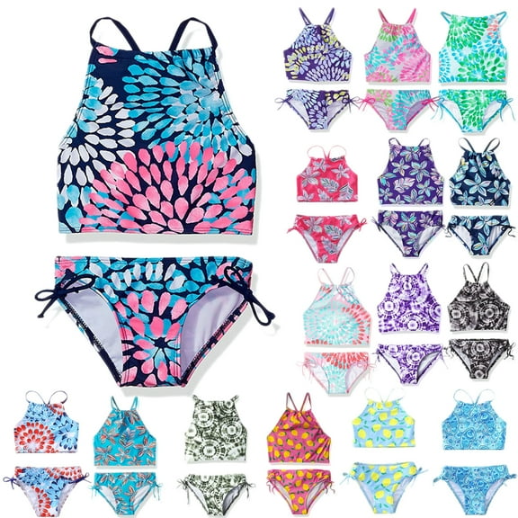 URMAGIC URMAGIC Little Big Child Teen Girls Butterfly Two Pieces Halter Bikini Set Tankini Floral Swimsuit