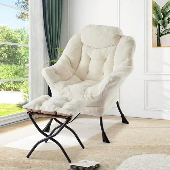 Lazy Chair with Ottoman - 400lb Capacity Lounge Chair, Oversized Reading Armchair with Folding Footrest & Side Pocket, Comfortable Accent Chair for Living Room, Bedroom (Plush White)