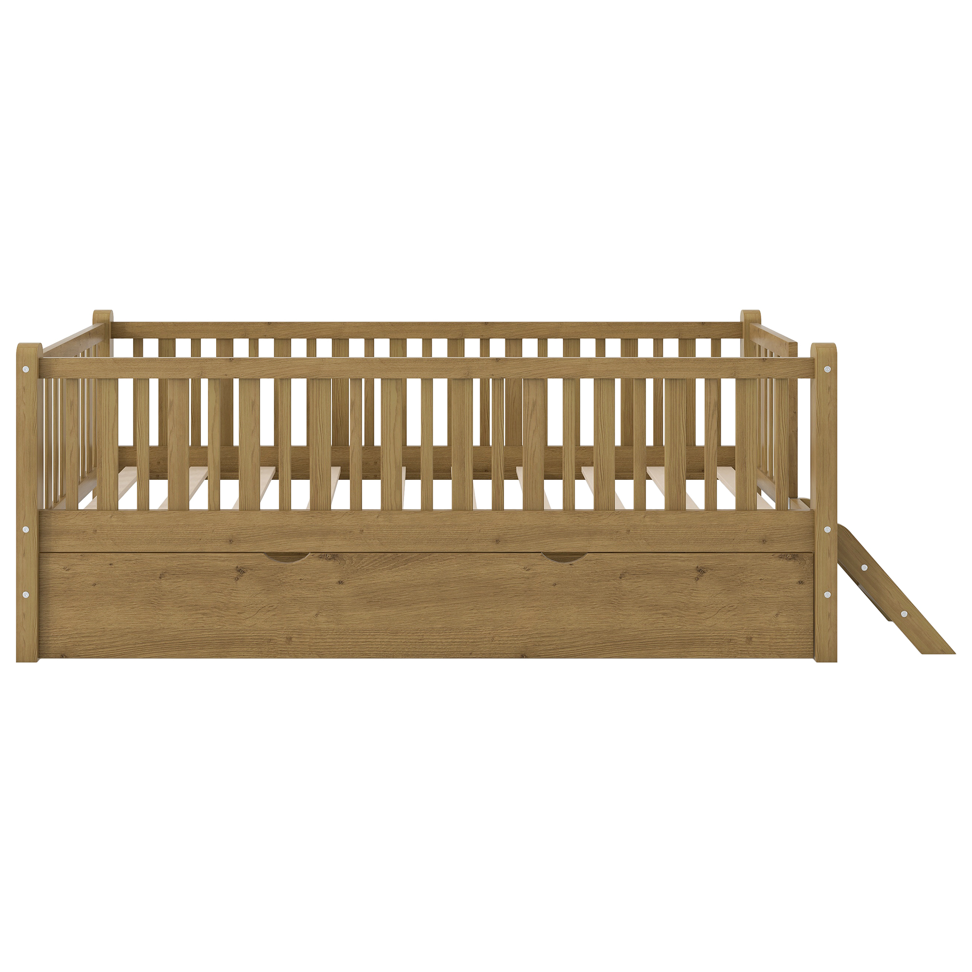 Euroco Wood Twin Size Platform Bed with Trundle, Guardrail Bed for Kids Teens Toddler, Walnut