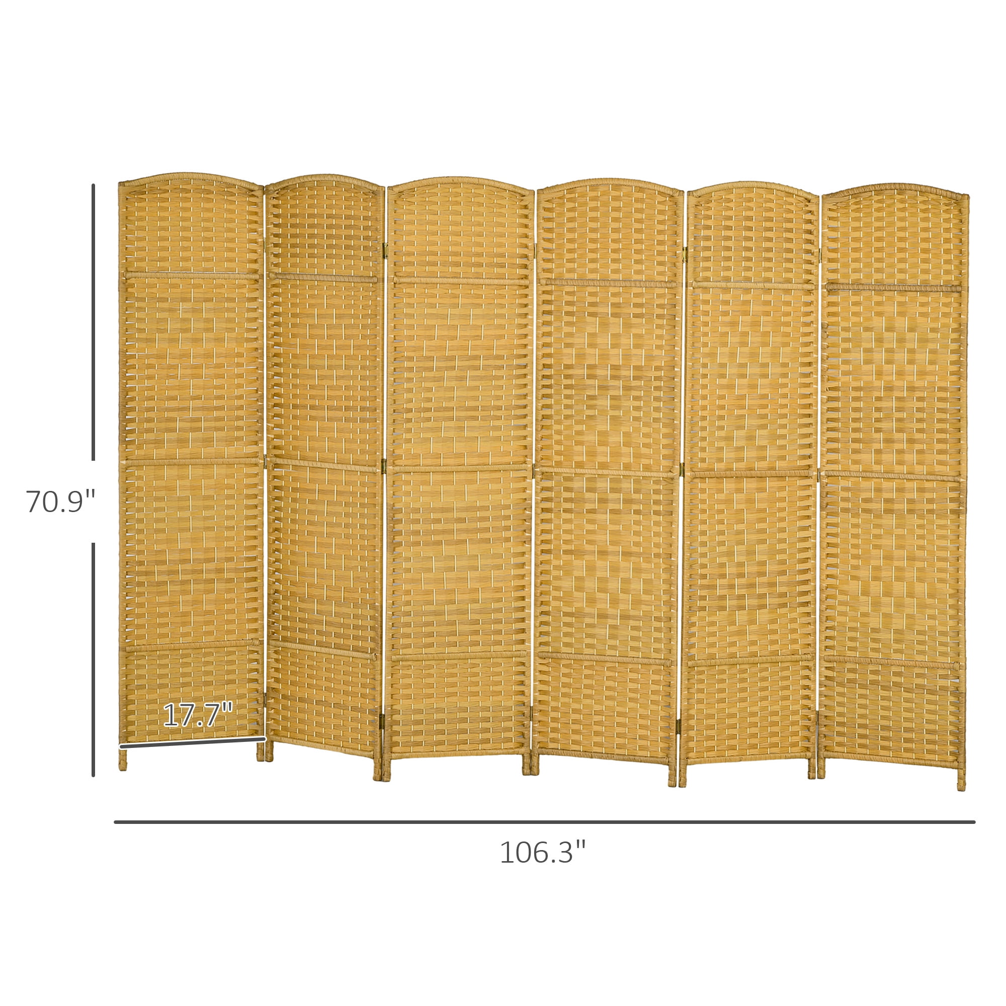 Privacy Screen HOMCOM 6 Panel Room Divider, 6' Tall Folding Privacy Screen, Hand-Woven Freestanding Wall Partition for Home Office, Bedroom, Nature Wood,Partition Screen