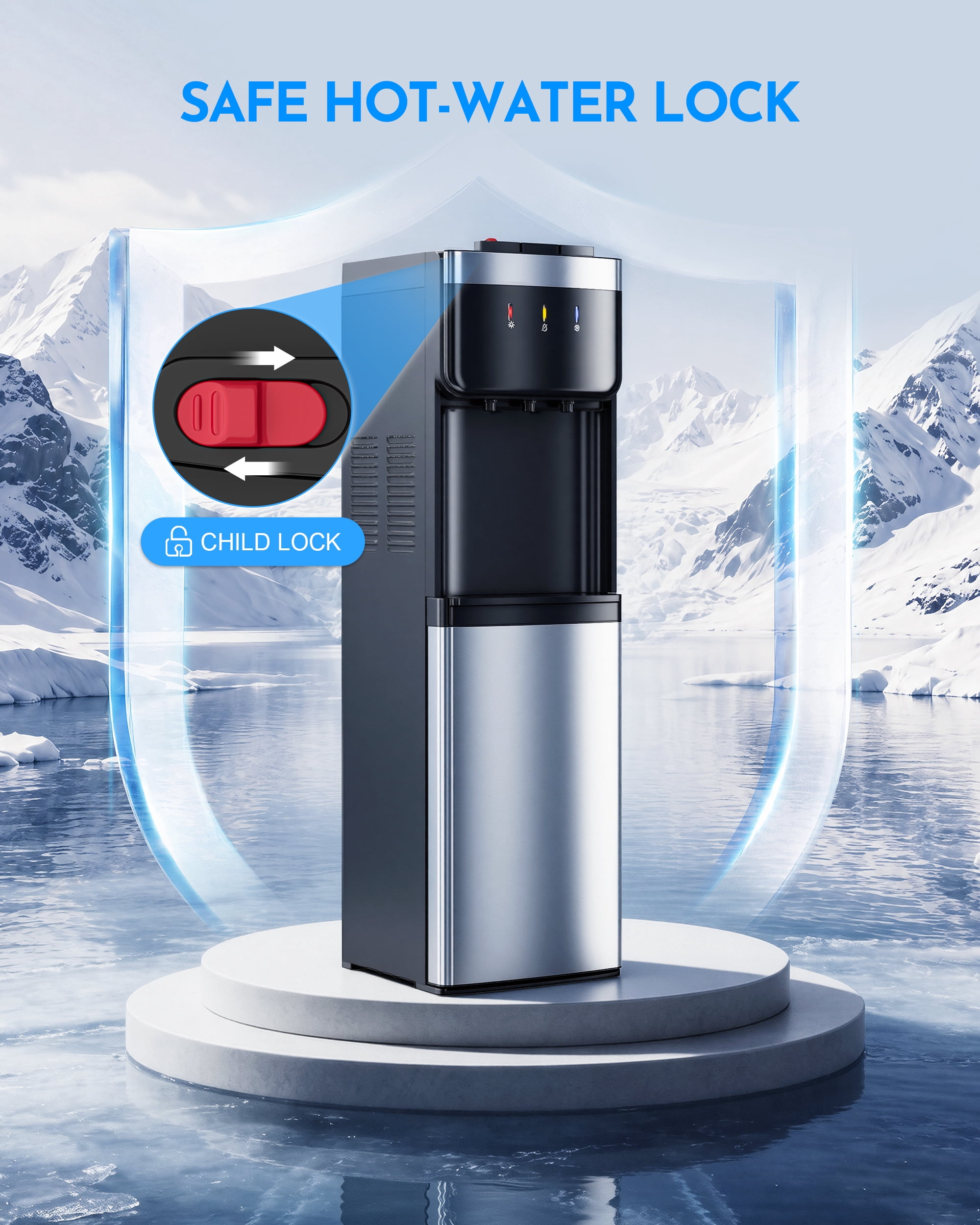 UrbanSync Bottom Loading Water Dispenser with Compressor Cooling, No Heavy Lifting 3-5 Gallon, Hot, Cold & Room, Child Safety Lock, Stainless Steel Body, New