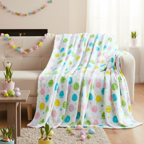 Serafina Home Easter Bunny Eggs Velvet Fleece Throw Blanket: Colorful Soft Cozy Print for Boys and Girls, Aqua Green Pink Purple Yellow White