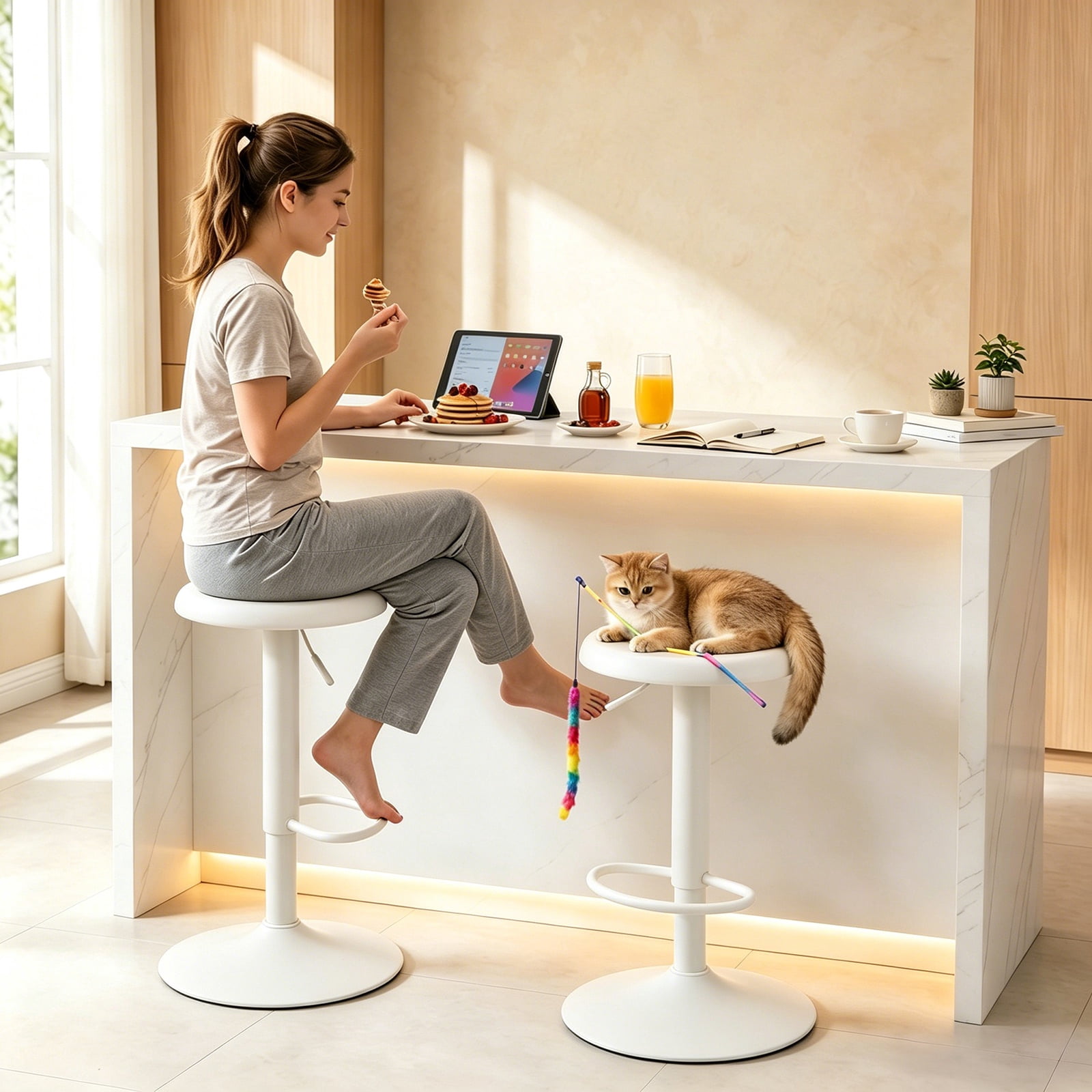 Single White Bar Stool, Adjustable 360° Swivel Counter Height Bar Stool, Industrial Backless Metal Bar Chair for Kitchen Island with Footrest