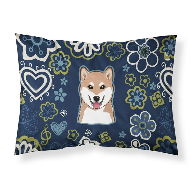 Funda De Almohada Estándar De Tela Shiba Inu Con Flores Azules