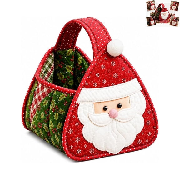 Santa Claus Quilted Carry Basket, Diy Tote, Foldable Fabric Storage Bin with Handles, for Decor, Candy, Presents