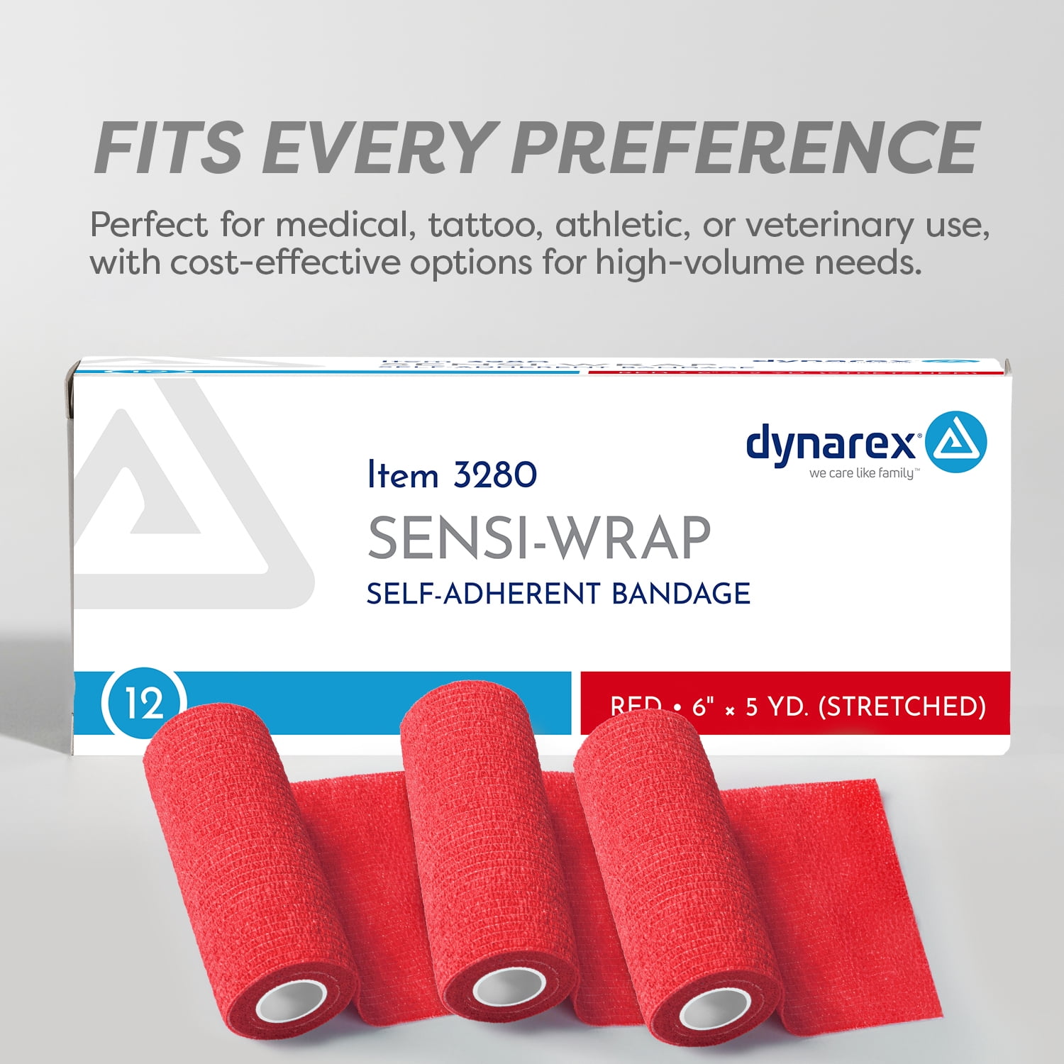 Dynarex Sensi-Wrap Self-Adhesive Bandages, 12-Pack, 6" x 5 yards, Red, Latex, Colored Elastic Cohesive Athletic Tape, Tattoo Grip & Vet Wrap