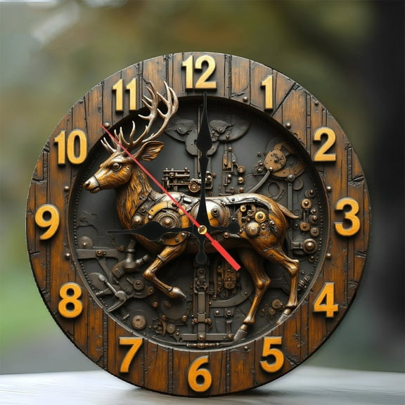 Vintage Mechanical Deer Wall Clock Decor Art 10-Inch Silent Wooden Wall Clock, Battery Operated (AA Batteries Not Included), Artistic Home Decor