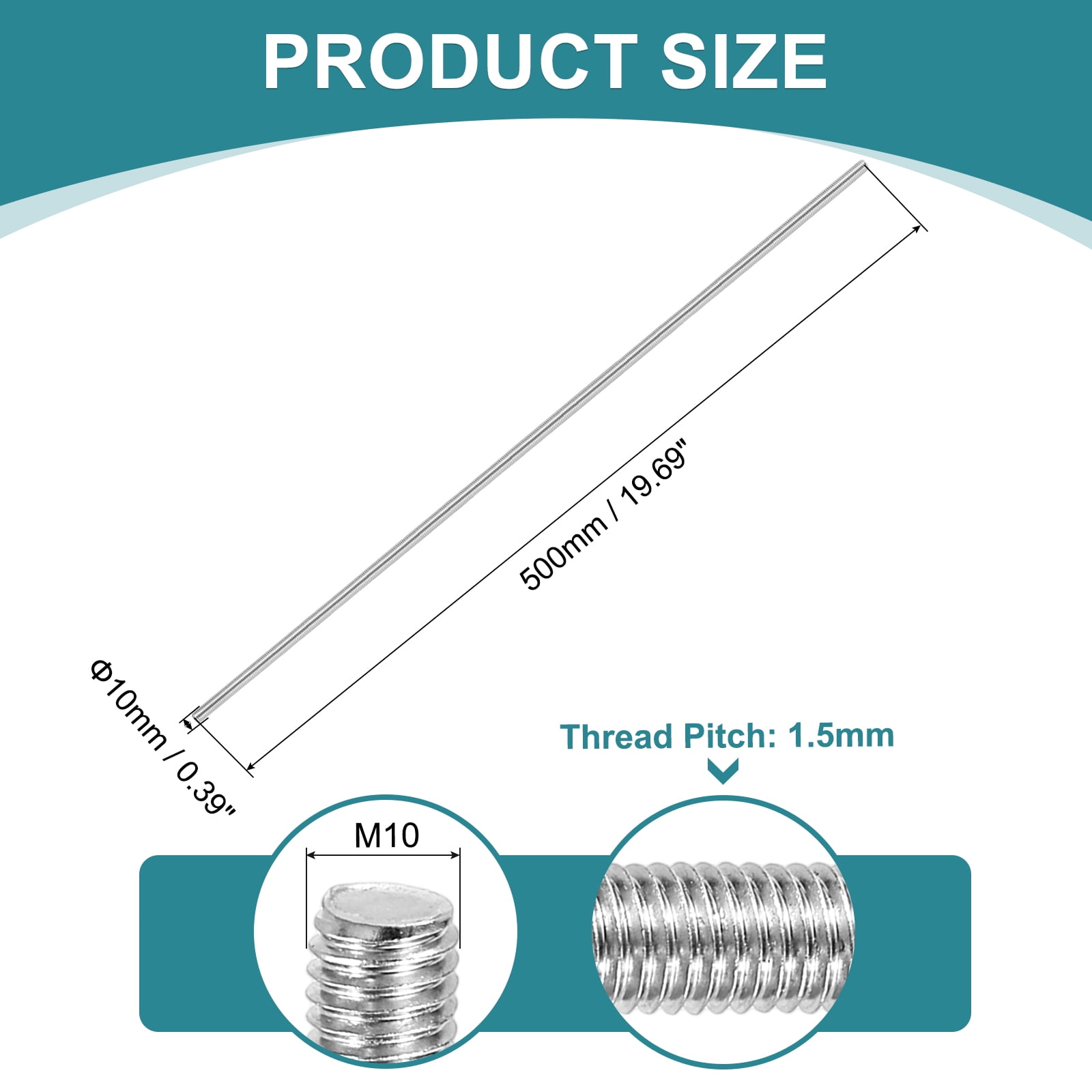 2Pcs Fully Threaded Rod, M10 x 500mm 201 Stainless Steel with Nuts Washers