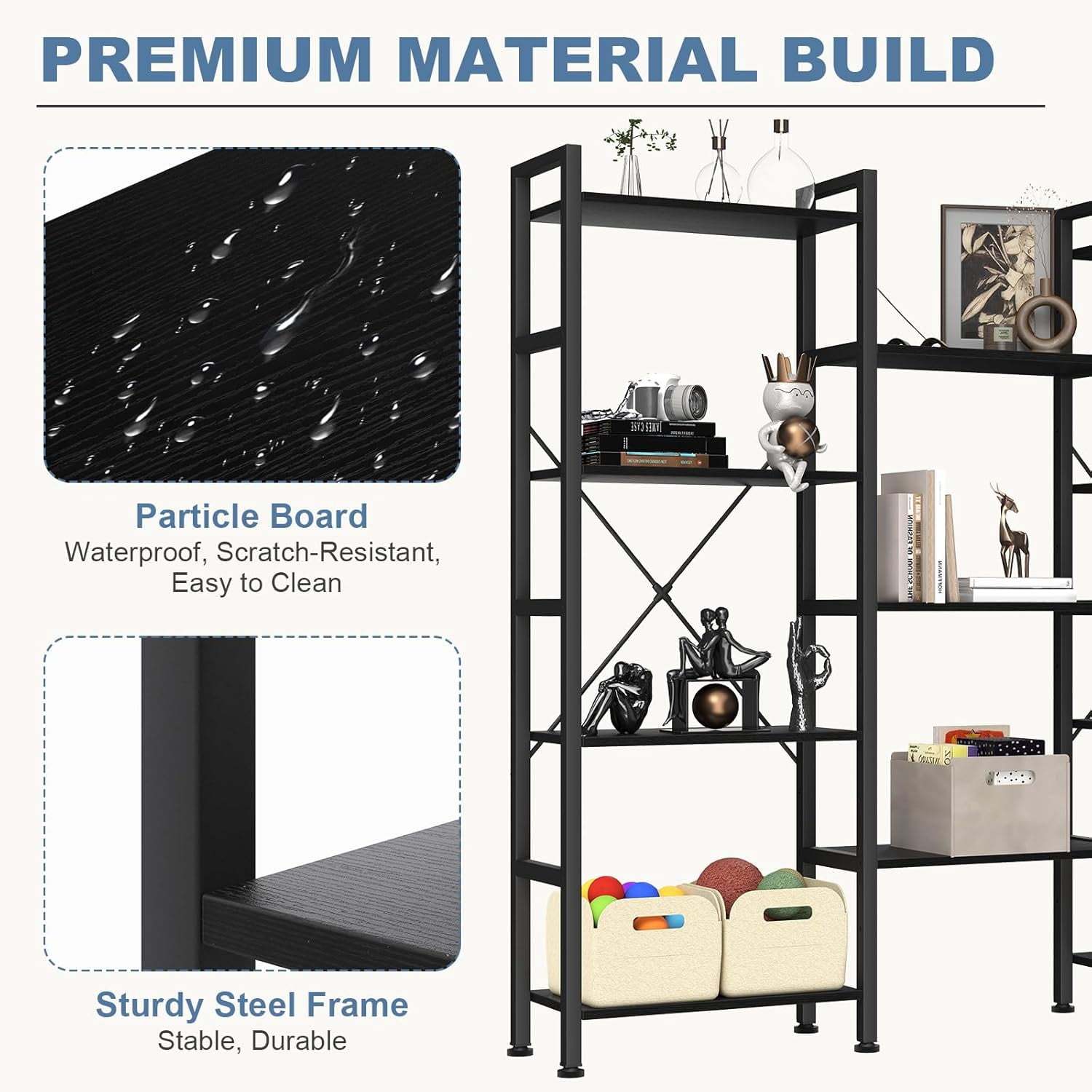 Atilioo Triple Bookshelf, 4-Tier Wide Bookcase with 11 Open Tall Display Shelves, Modern Industrial Book Shelves for Living Room Home Office, Black