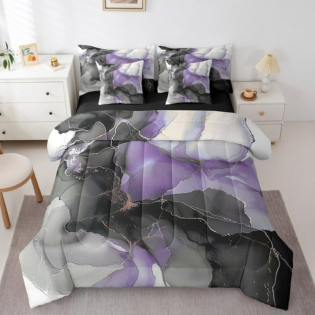 Black Purple Marble Bed in a Bag 7pcs Watercolor Aesthetic Bedding Set, Abstract Marbling Queen Size Comforter Set Stone Pattern Bedding Comforter Sets, Gold Metallic Bed Set Girls Bedroom Decor