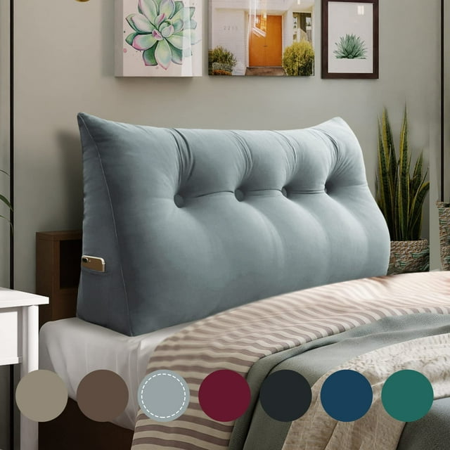 WOWMAX Large Bolster Triangular Headboard Backrest Positioning Support Back Pillow for Sitting in Bed Wedge Pillow Headboard for Day Bed Removable Cover, Gifts for Mom Full Velvet Light Gray