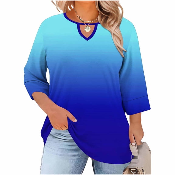 Ygbgbb Women's Plus Size Shirts Gradient Color Blouses 3/4 Sleeve Crewneck Tops Lightweight Summer Loose Fit Casual Shirts Trendy Keyhole Tunic Tops Blue XXXL