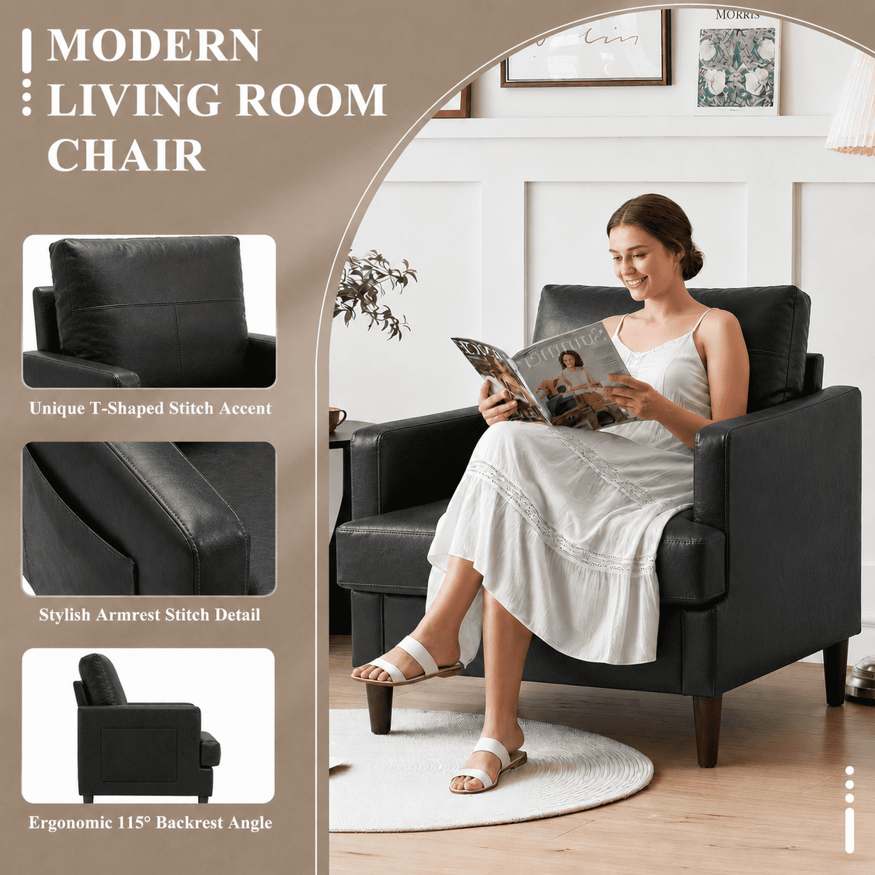 MOONMISS Modern Accent Chair Set of 2,PU Leather Single Sofa with Wood Legs,Reading Armchair for Living Room,Bedroom,Office,Black