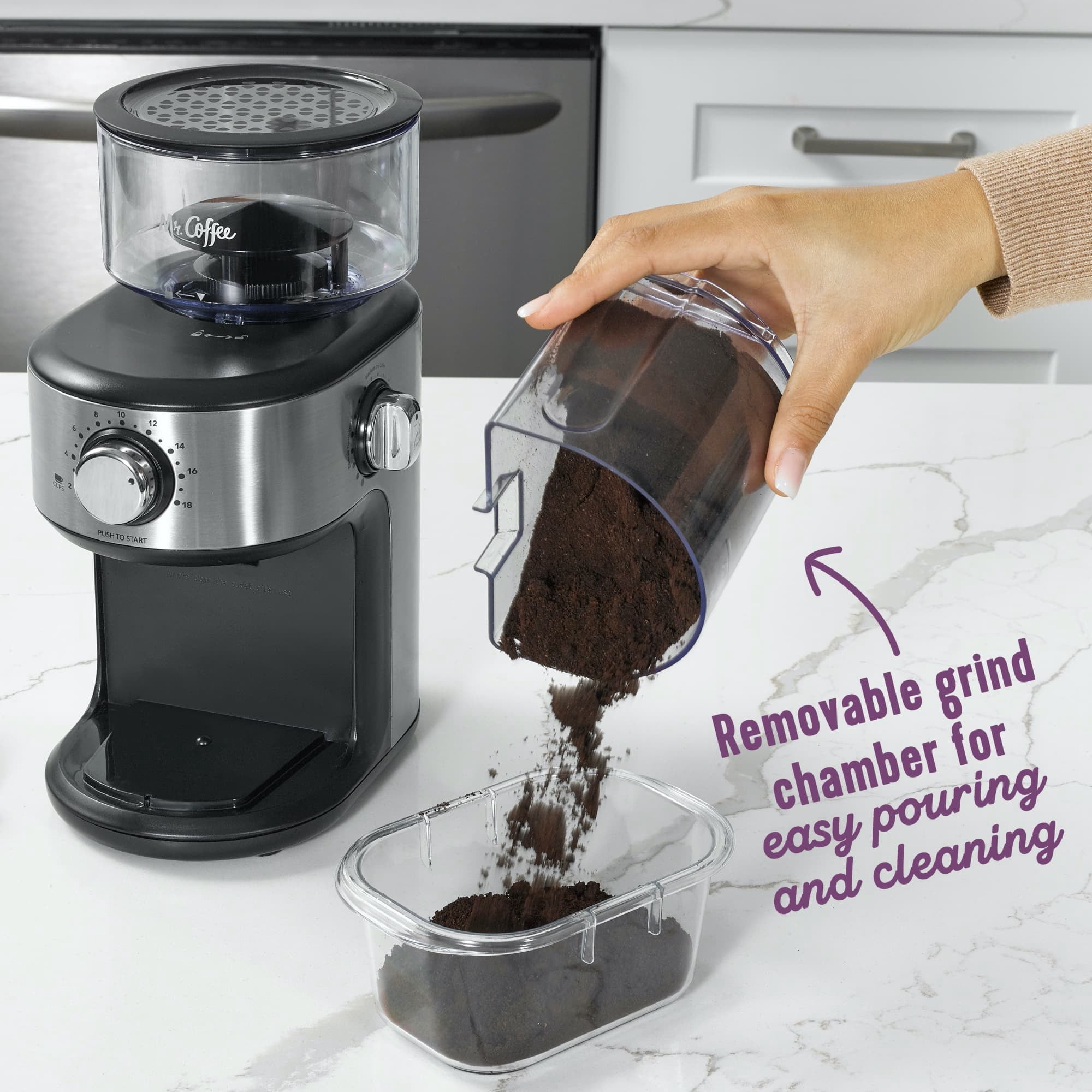 Mr. Coffee Cafe Grind 18 Cup Automatic Burr Grinder with Removable Bean Hopper and Grind Chamber | Stainless Steel