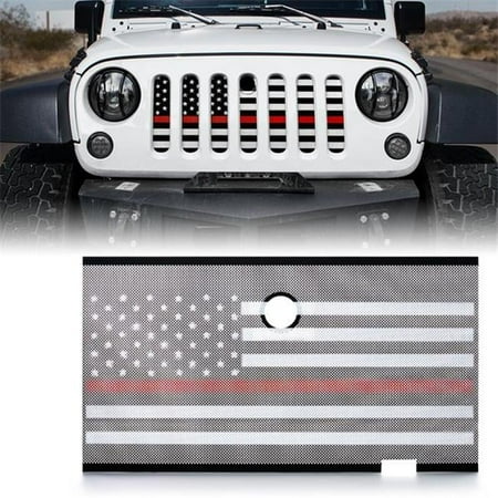 Xprite USA ZS-0001-FLAG-G2R Mesh Grille Insert with Firefighter Red Stripe & Hood Lock Hole for JK 2007-2018 Jeep Wrangler Stock Grille