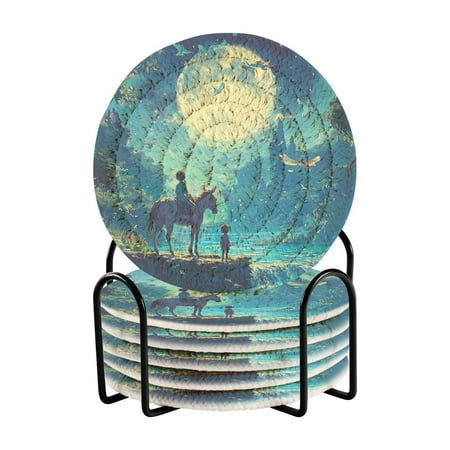 

6-Pack Polyester Coil Coasters with Holder - Heat-Resistant (140℃) Non-Slip & Durable，A Boy under The Moonlight