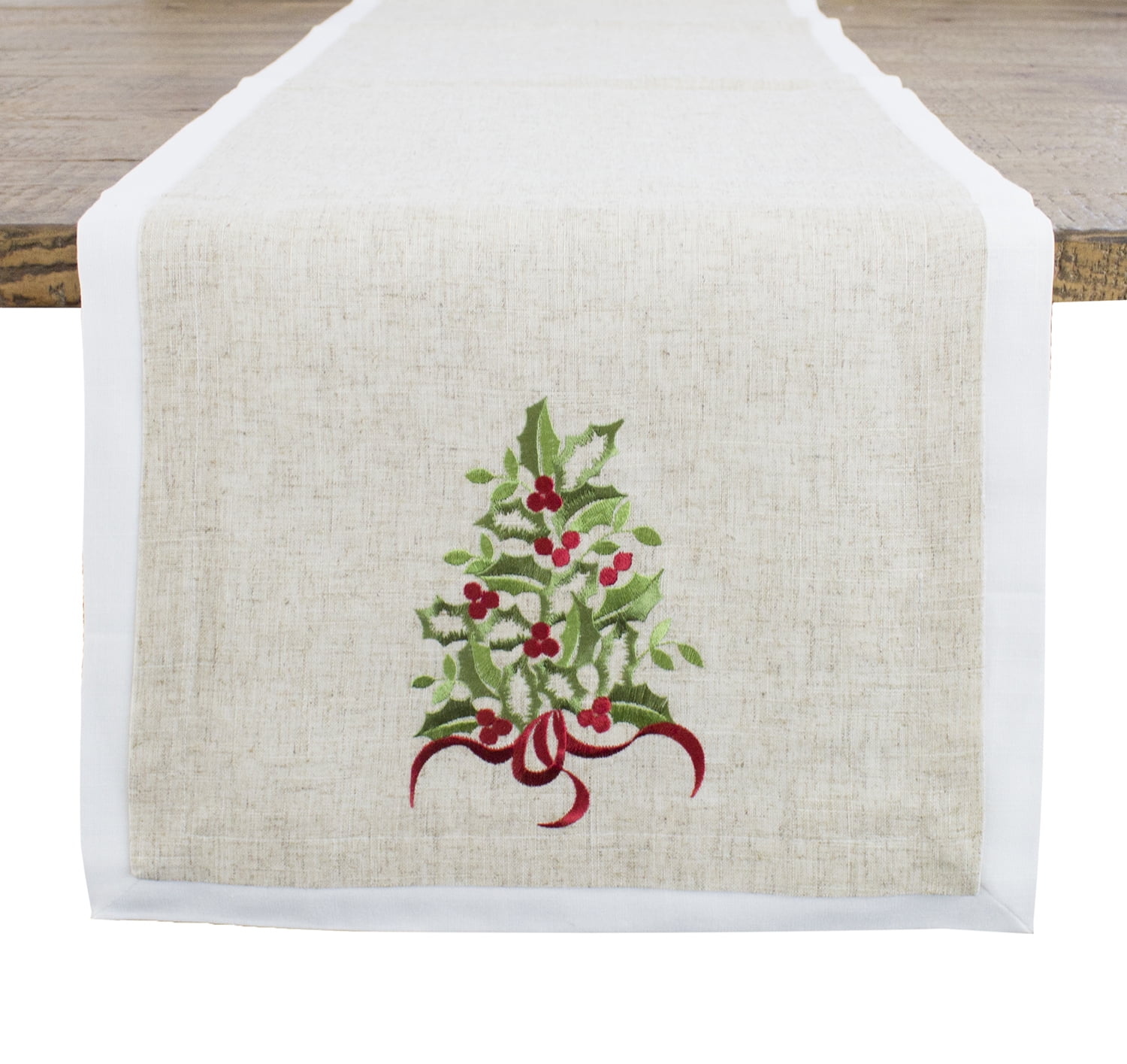 Embroidered Holly Christmas Tree Double-Layer Holiday Decorative Table Runner (Natural+White Runner 16"x78")