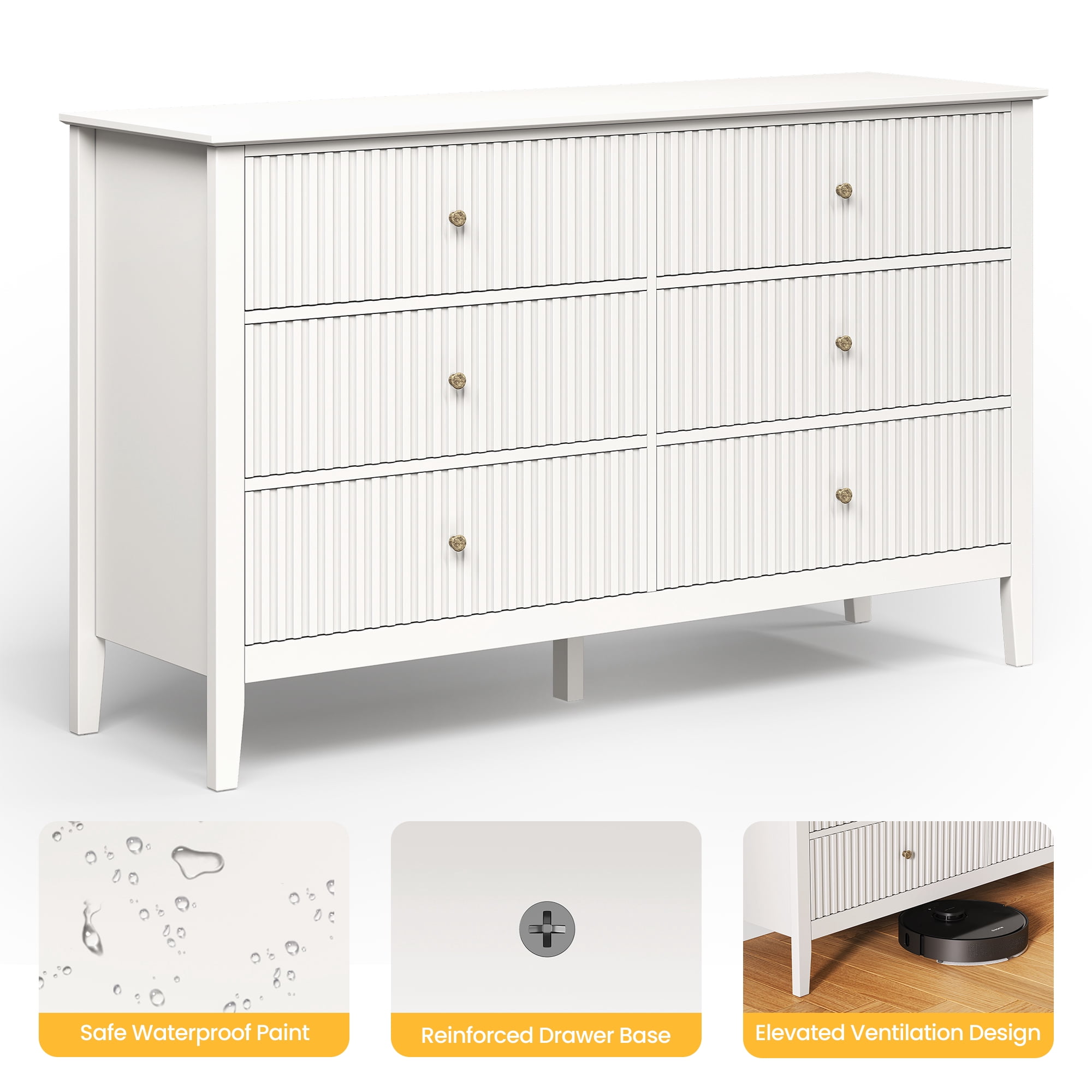 May in Color Fluted 6 Drawer Dresser, Wide Modern Chest of Drawers, Large Wood Storage Cabinet Organizer for Bedroom, Living Room, Hallway, Entryway, White