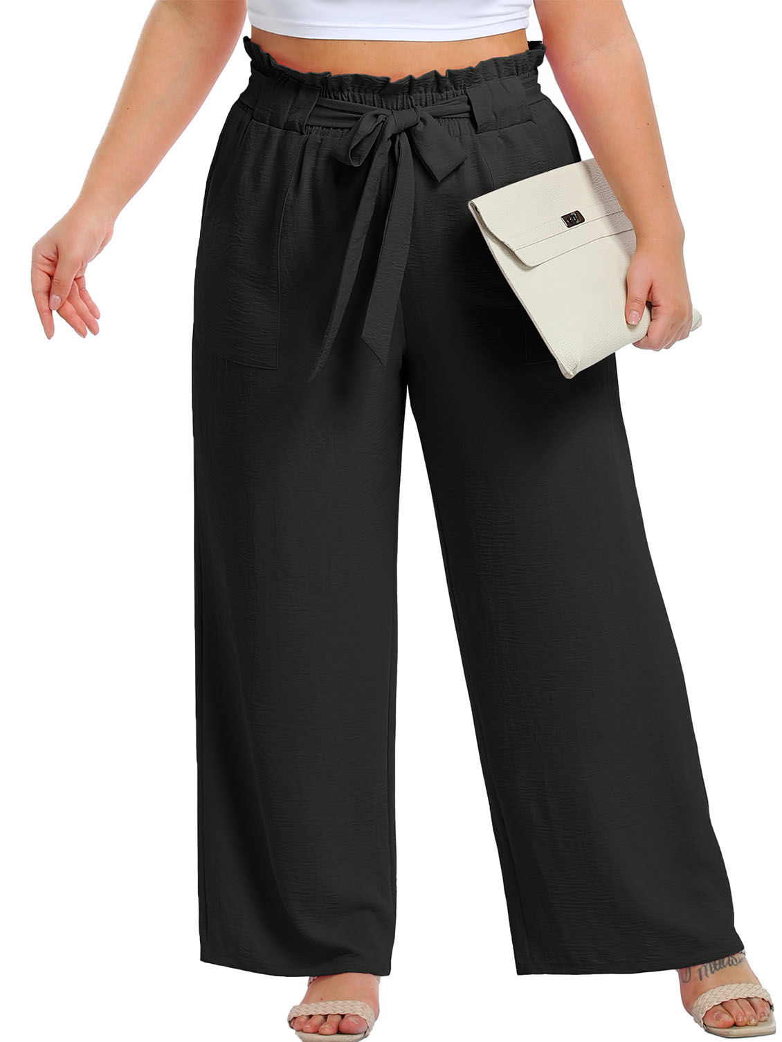 Cueply Womens Wide Leg Pants Plus Size Elastic Tie Knot Lounge Pants Loose Trousers with Pockets