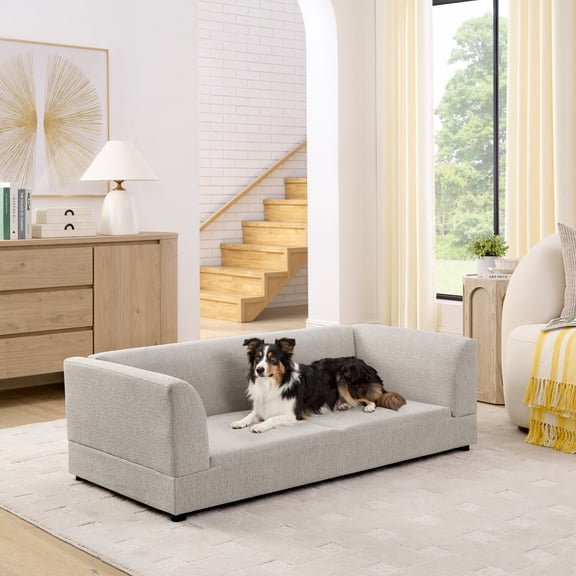 Beige Oversized Pet Sofa for Medium Large Dogs Modern Rectangular Design with Backrest Armrests Soft Cushion 56.5x26x17 Inch