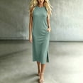 thumbnail image 2 of Wedding Guest Dresses for Women Solid Color Round Neck Sleeveless Maxi Dress with Pockets and Side Slits Fashion Outfit M, 2 of 7